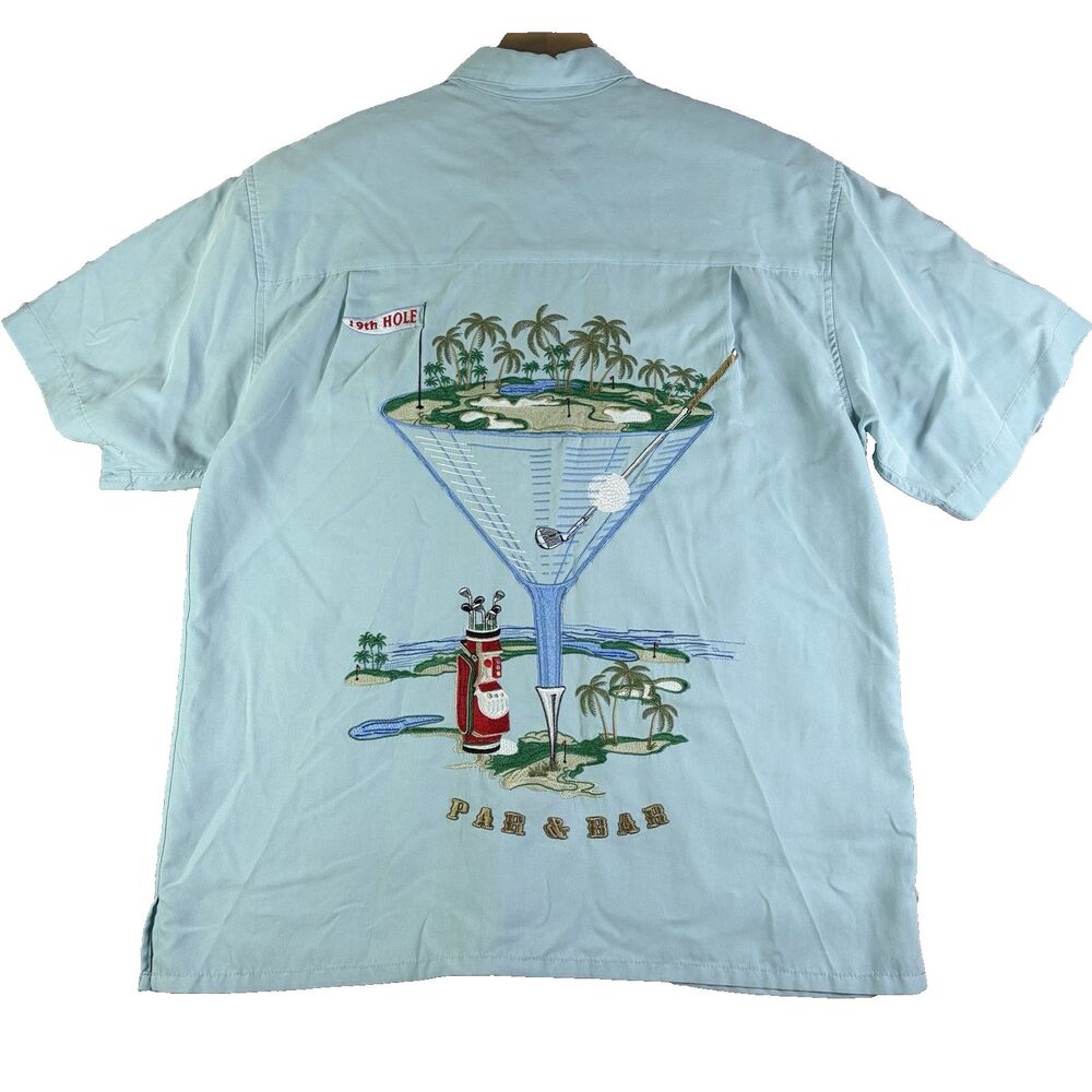 Bamboo Cay Hawaiian Shirt Mens Small Par & Bar 19th Hole Golf Beach Summer Blue